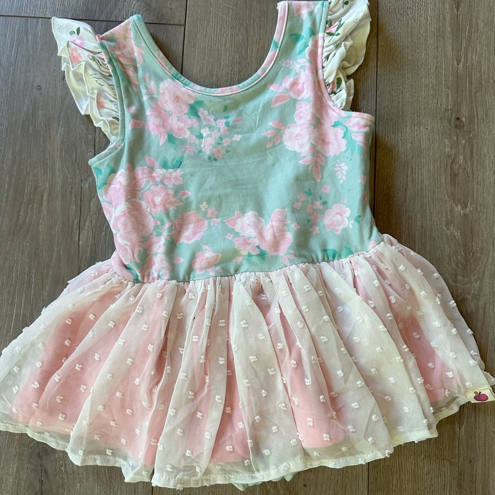 Cheeky Plum Leotard Floral Ruffle Sleeve Dress with Tulle Skirt Size 4T